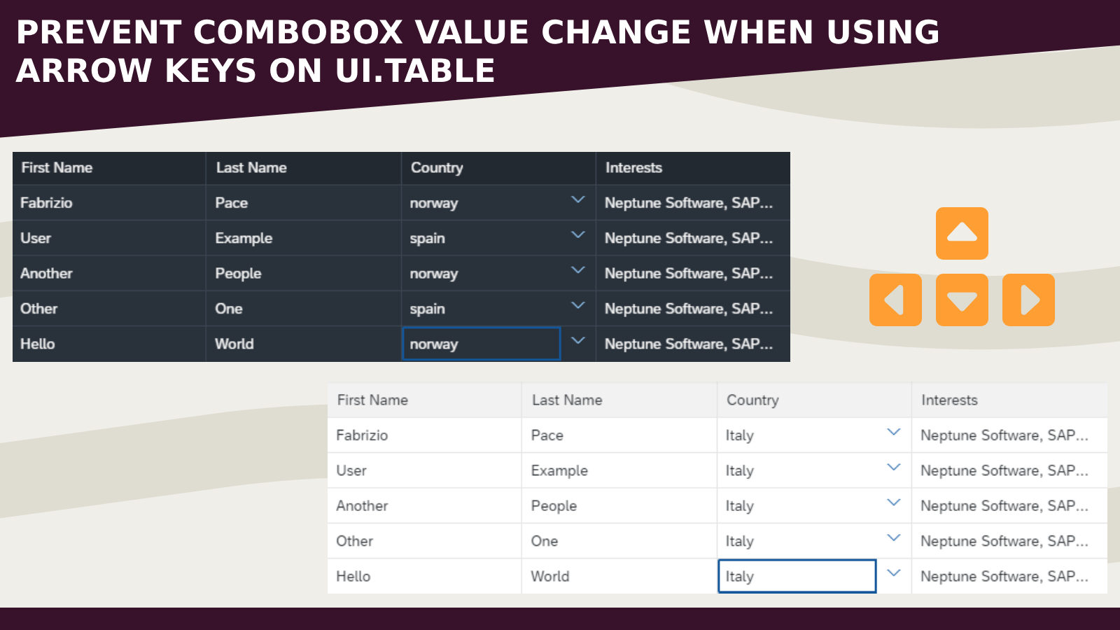 How to prevent the ComboBox value change when using Arrow Keys navigation in a sap.ui.Table - Empower sap.ui.table with Excel-like functionalities (Part 3)