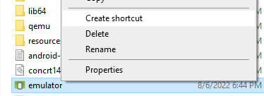 Emulator shortcut creation