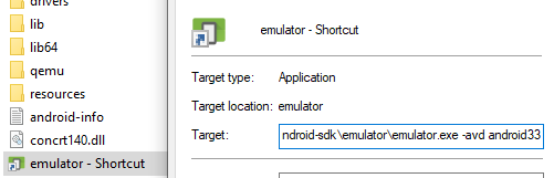 Emulator shortcut properties - custom ram size